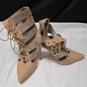 Chic Tan Lace-Up Heels with Sparkling Accents